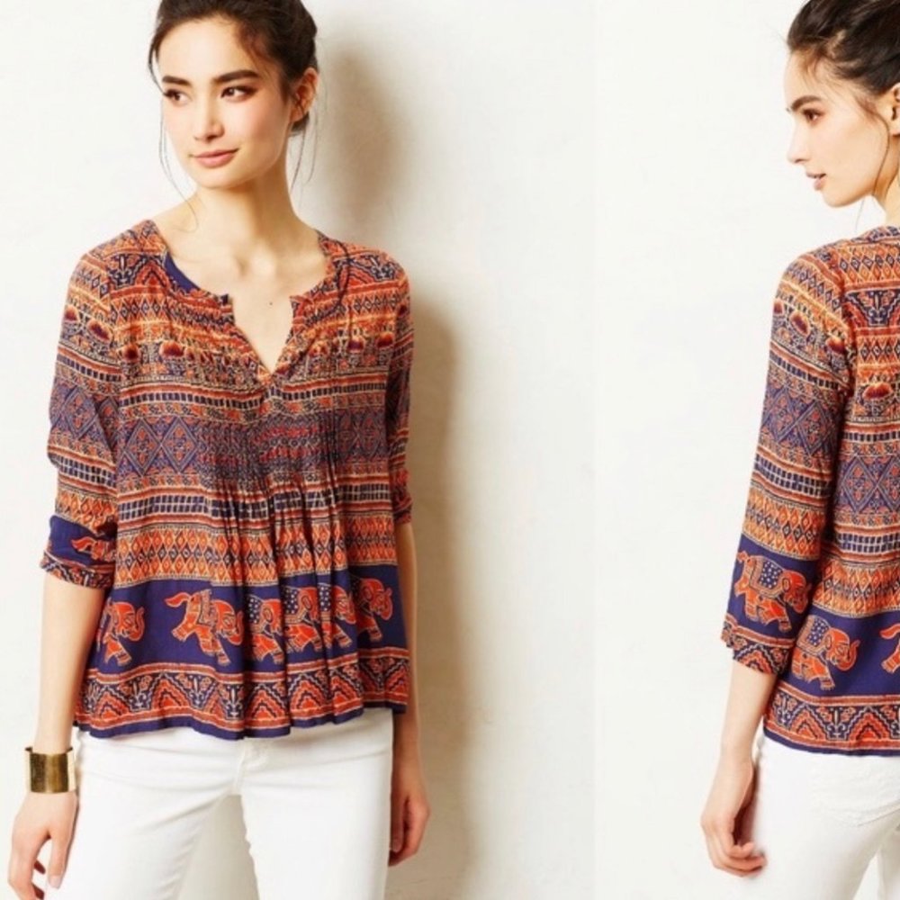 VANESSA VIRGINIA Mahdia Boho Peasant Elephant Print Blouse